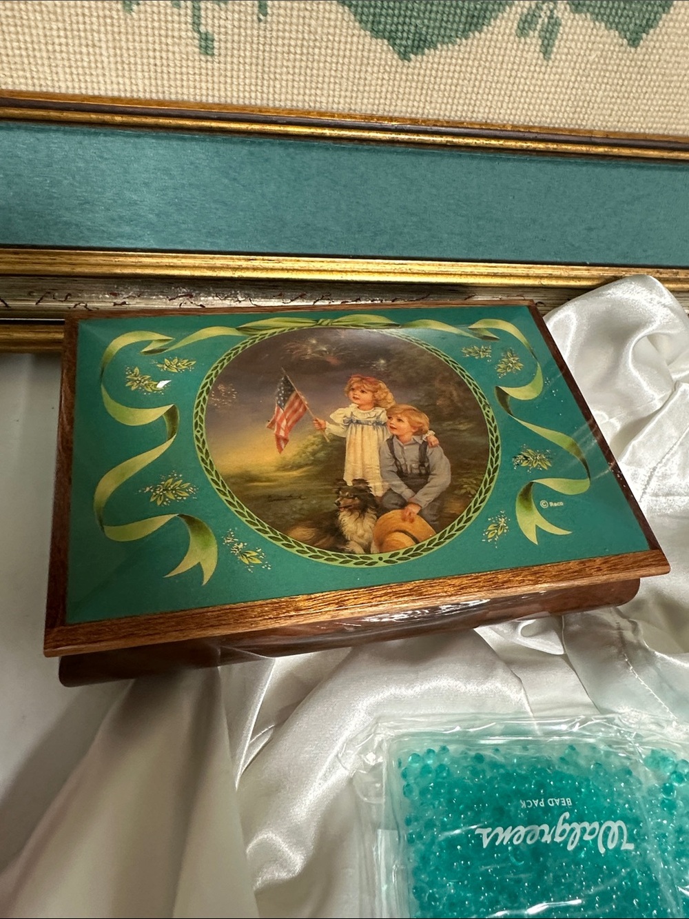 Decorative Teal Wooden Music Box with Patriotic Children Artwork